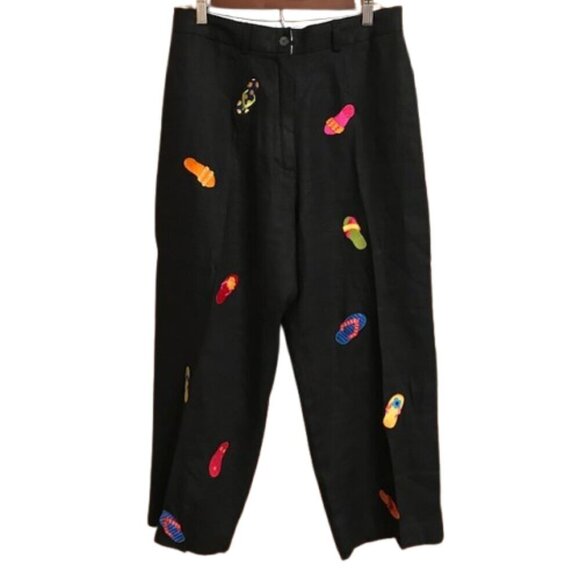 Dean & White Pants - Deane & White Women's Black 100% Linen Embroidered Flip Flop Capri Pants Size 8